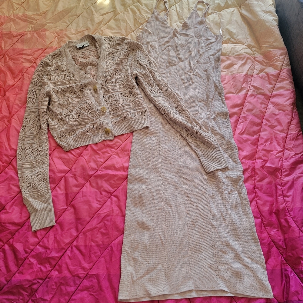 2pcs Beige Knit Dress and Cardigan Set